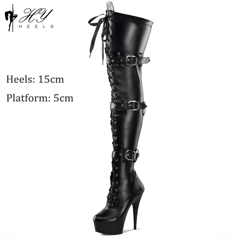 Boot đùi cao gót 15cm chống thấm nước mặt mờ, cỡ lớn — Màu đen, Các mặt hàng tùy chỉnh không được trả lại và không thể trao đổi