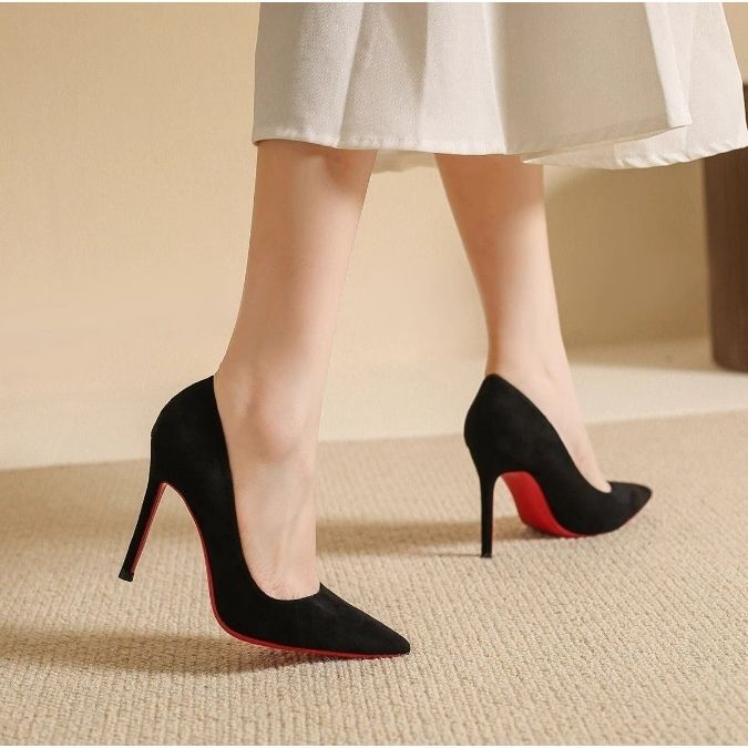 Elegant Professional Work Shoes for Women 2025 New Black Red-Soled Suede High Heels Women's Stiletto Shallow Pointed Toe Single Shoes