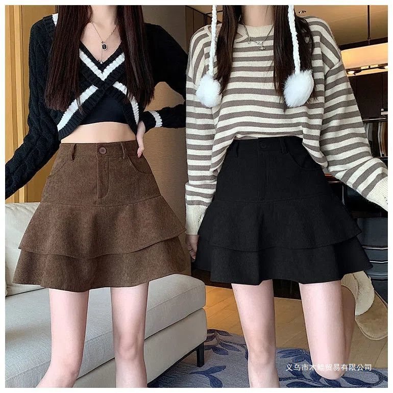 灯芯绒半身裙春秋冬新款不规则荷叶边韩版短裙设计感字复古伞裙