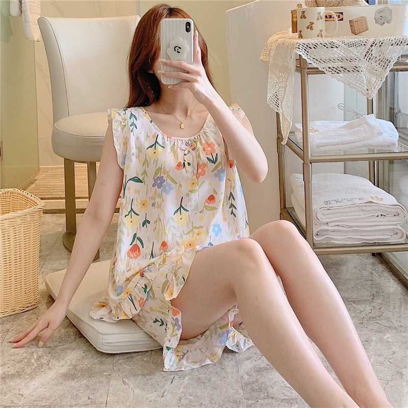2026년 신상 여성용 면 실크 잠옷, 여름용 얇은 민소매 조끼 반바지 세트, 큰 사이즈 프린트 홈웨어