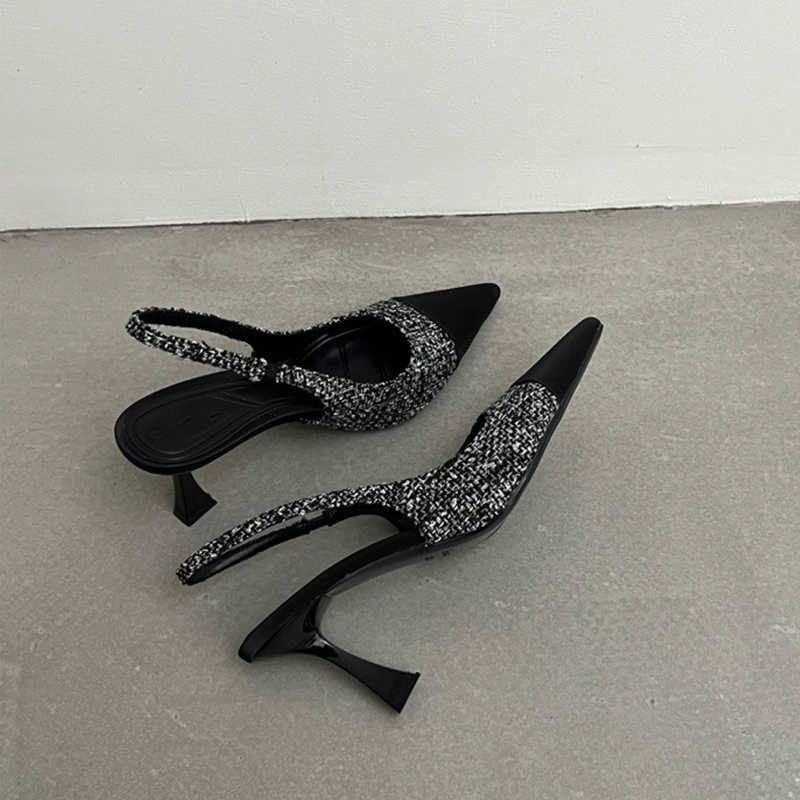 Slingback Pointed-Toe Heels, Women's Summer High Heels, Pointy Toe Sling, Black/White