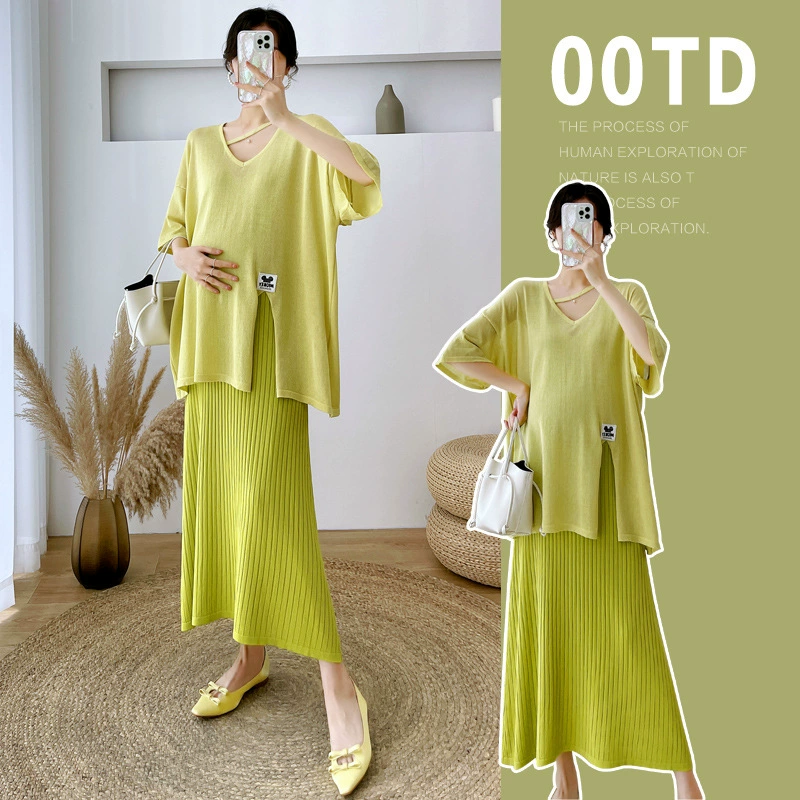 Одежда для беременных Летнее платье новый трикотажный ледяной шелк беременная юбка из двух частей Летний тонкий костюм для ношения
