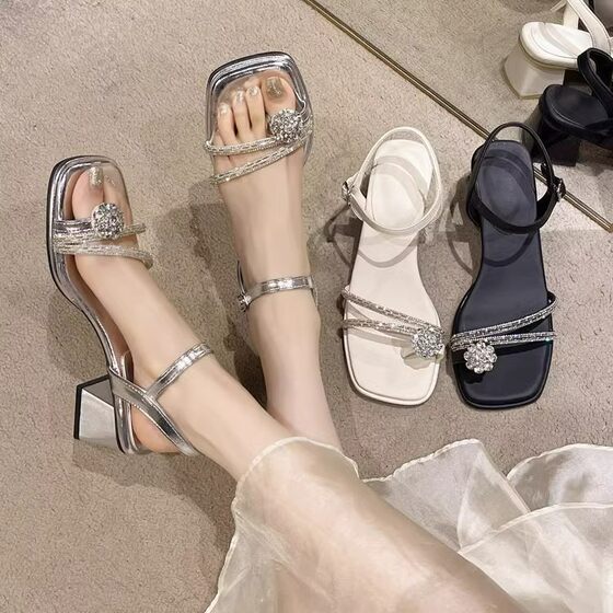 Women's Sandals with Crystal Thick Heel 2025 New Fashion Bow Fairy Style Beautiful Open Toe Simple