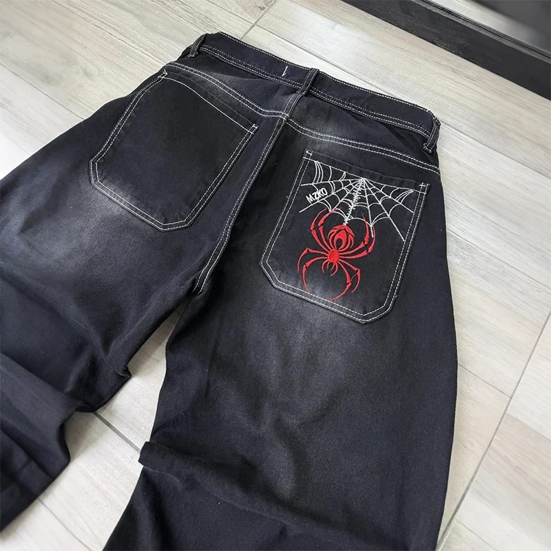 Impresión de tela de araña transfronteriza europea y americana estilo retro personalidad callejera de moda jeans jeans jeans jeans de piernas anchas