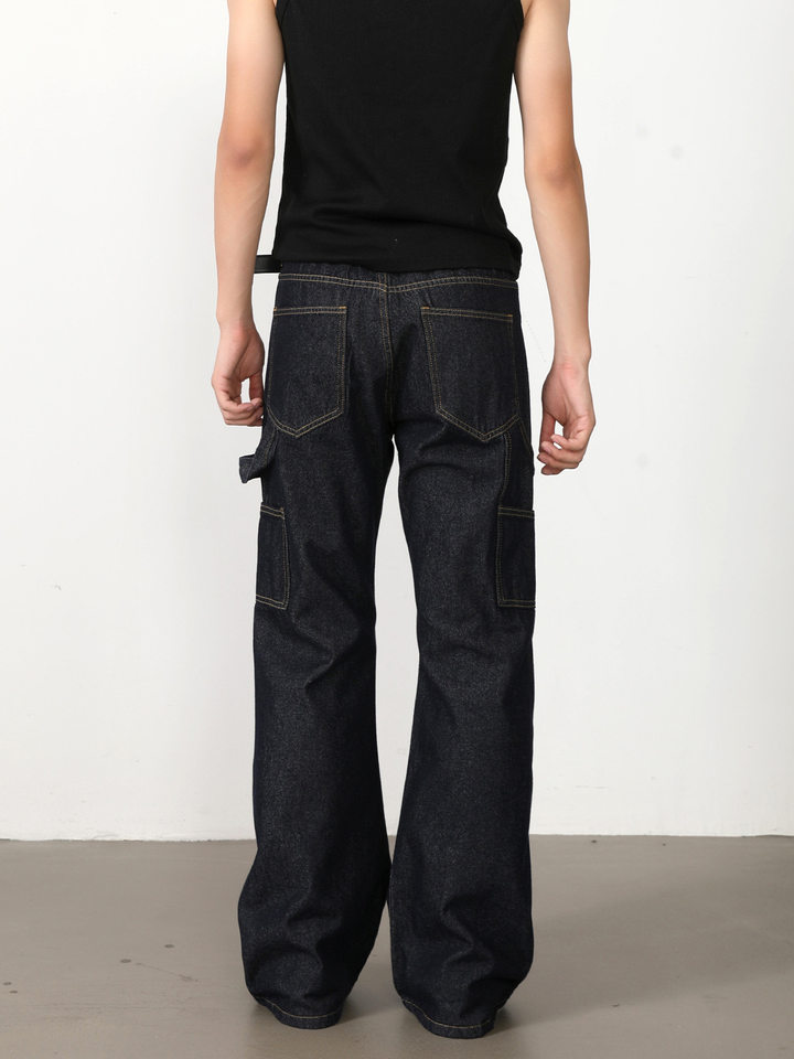 Quần jean nam ống loe nhẹ dáng chữ A phong cách đường phố, cạp vừa, dài — Xanh denim