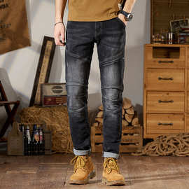 2024春秋男士黑色牛仔裤高品质美式拉链拼接弹力修身显瘦机车裤潮