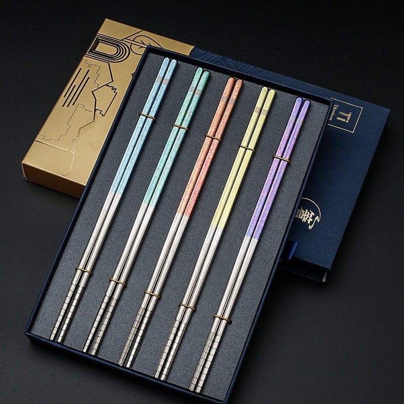 Cross-Border Miboshi Ice-Pattern Pure Titanium Chopsticks, Antibacterial, Anti-Mold, Anti-Scald, Non-Slip, High-End Household Healthy Chopsticks and Tableware