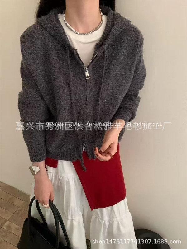 韩系高级感小个子连帽针织开衫女秋冬新款宽松拉链毛衣外套短上衣|undefined