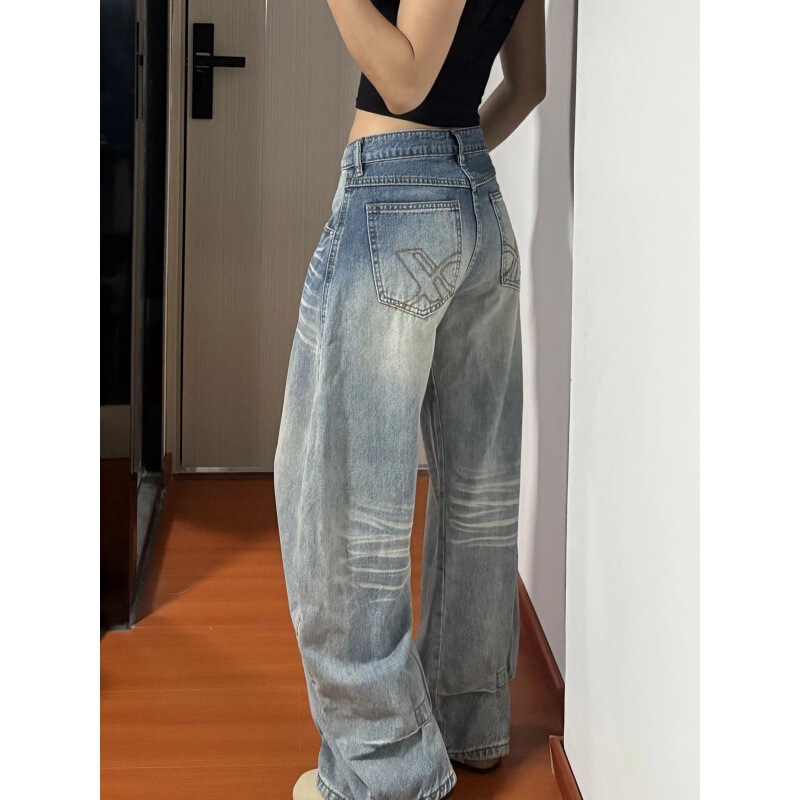 大码美式复古阔腿牛仔裤女秋季新款水洗蓝宽松显瘦垂感直筒拖地裤|undefined