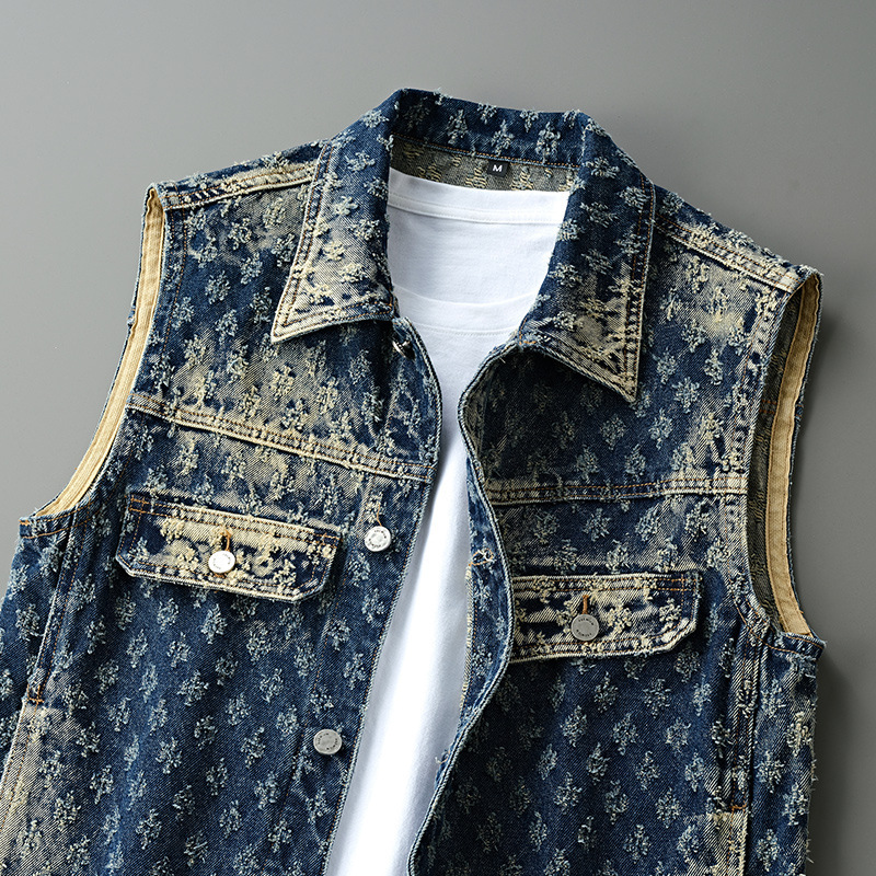 New Retro Trendy Brand Motorcycle Denim Vest for Men and Women Spring and Summer High Street Handsome Loose Jacquard Sleeveless Vest Jacket