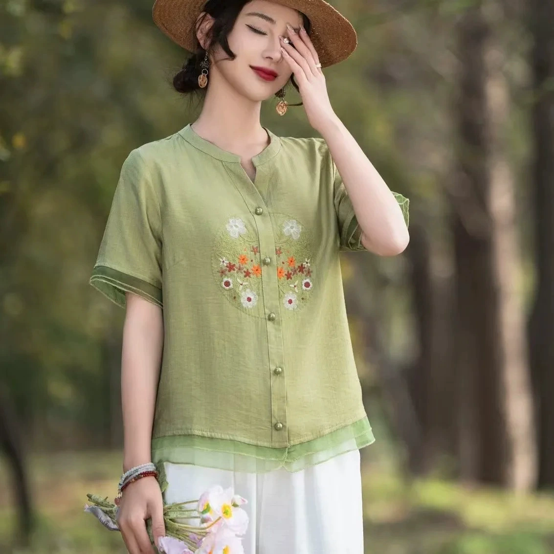 Ретро рубашка из конопли Tencel в китайском стиле с вышивкой, женский двухслойный кардиган из органзы со средним рукавом, тонкий топ