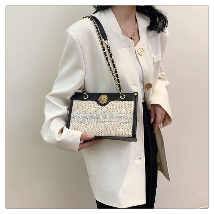 Women's Medium Straw Color Block Vacation Classic Style Weave Zipper Tote Bag display picture 10