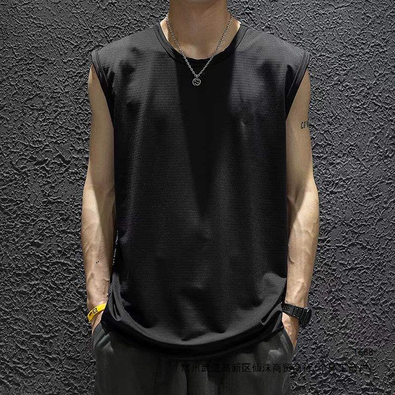 Men's Ice Silk Vest Summer Sports Fitness Base Shirt Wide Shoulder Training Thin Sleeveless T-Shirt Quick-Drying Trendy Men's