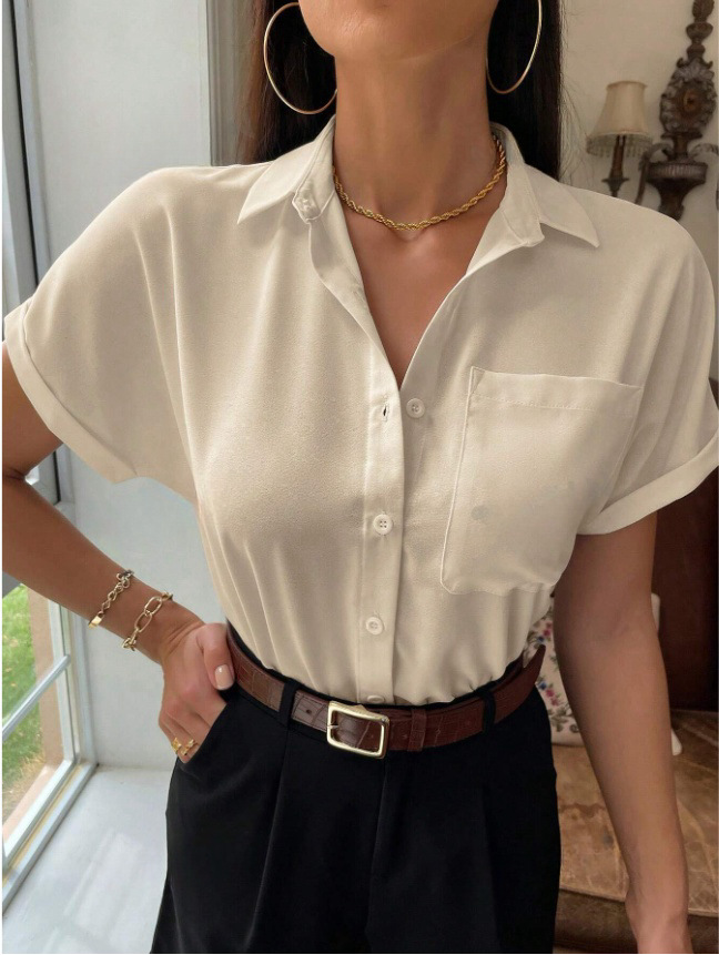 Camisa satinada con cuello en v para mujer, europea y americana, ropa de mujer transfronteriza, satén de color sólido de manga corta, nueva camisa satinada con botones casuales