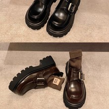 牛皮版~miu家真皮圆头扣带松糕厚底乐福鞋女英伦风复古小皮鞋单鞋