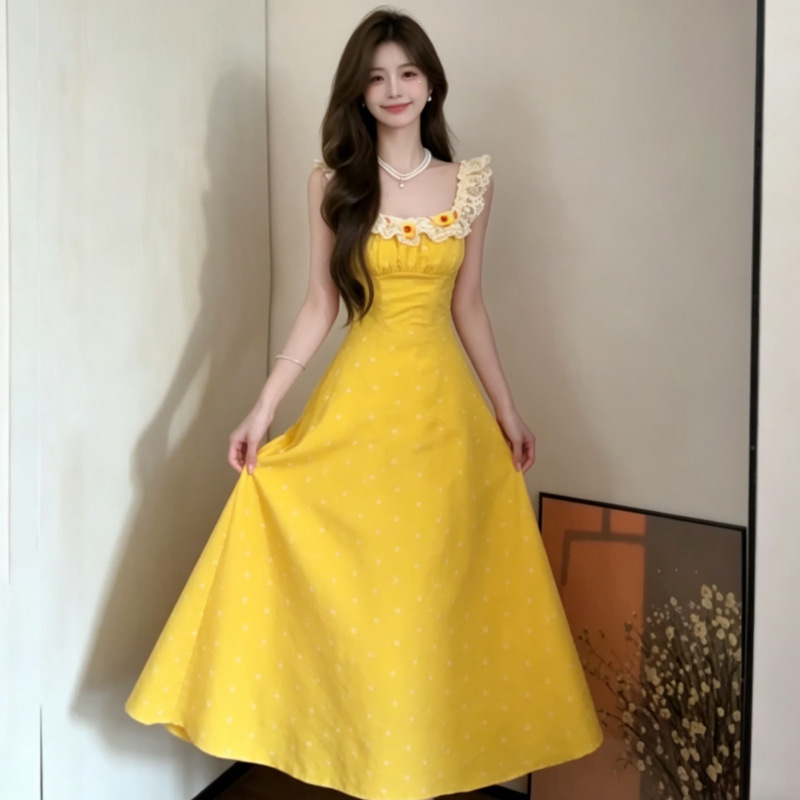 French Resort Style Yellow Dress for Women, Summer 2026 New Trendy Floral Print Strapless Long Dress, Sleeveless French Resort Style Yellow Dress for Women, Summer 2026 New Trendy Floral Print Strapless Long Dress, Sleeveless