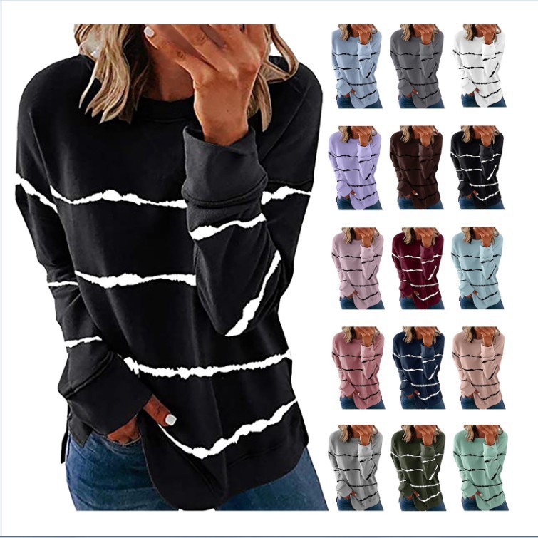 Cross-border Amazon Hot Selling European and American Foreign Trade Women's Top Loose All-match Striped Printed Long Sleeve Sweat Cotton Sweat