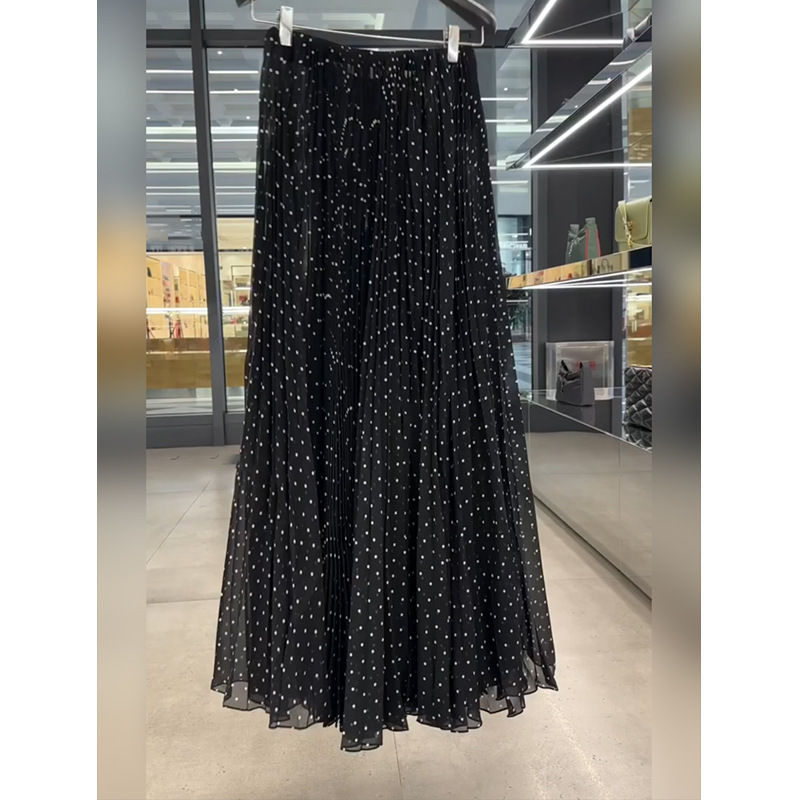 Autumn 2025 New Black Wave Dot High Waist Slimming Pleated Skirt Women's Korean Fairy A- line Skirt