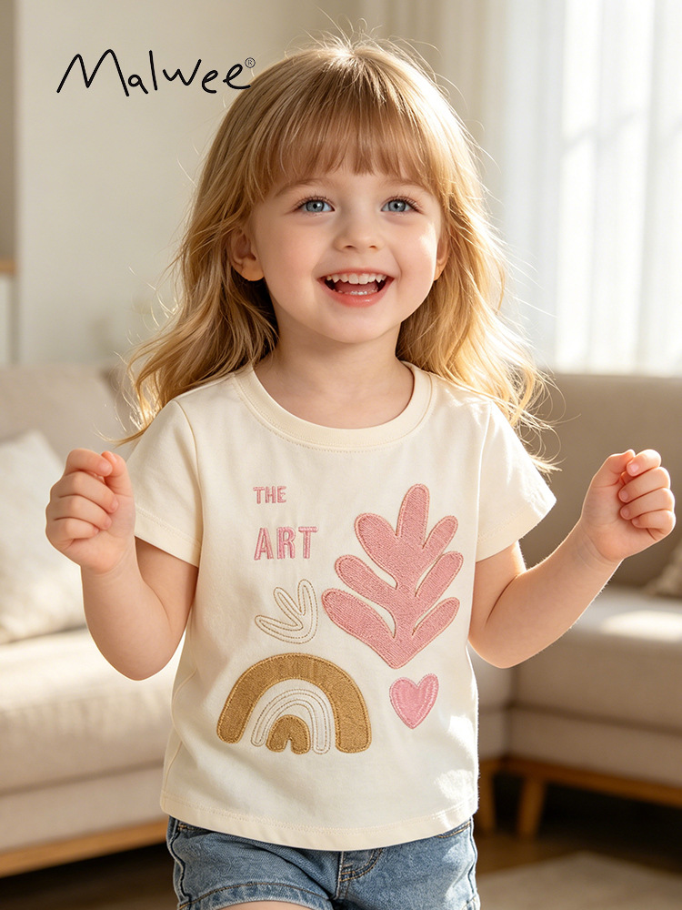 Malwee niñas de manga corta verano nuevo estilo europeo y americano niños pequeños y medianos cuello redondo casual linda niña camiseta top