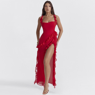 European and American Cross-Border Supply 2024 New Summer Products Fashionable and Sexy Fungus Splicing Elegant Slit Dress