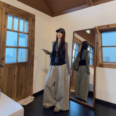韩系穿搭灰色针织衫挂脖吊带水洗工装休闲裤女2025秋季新款套装潮