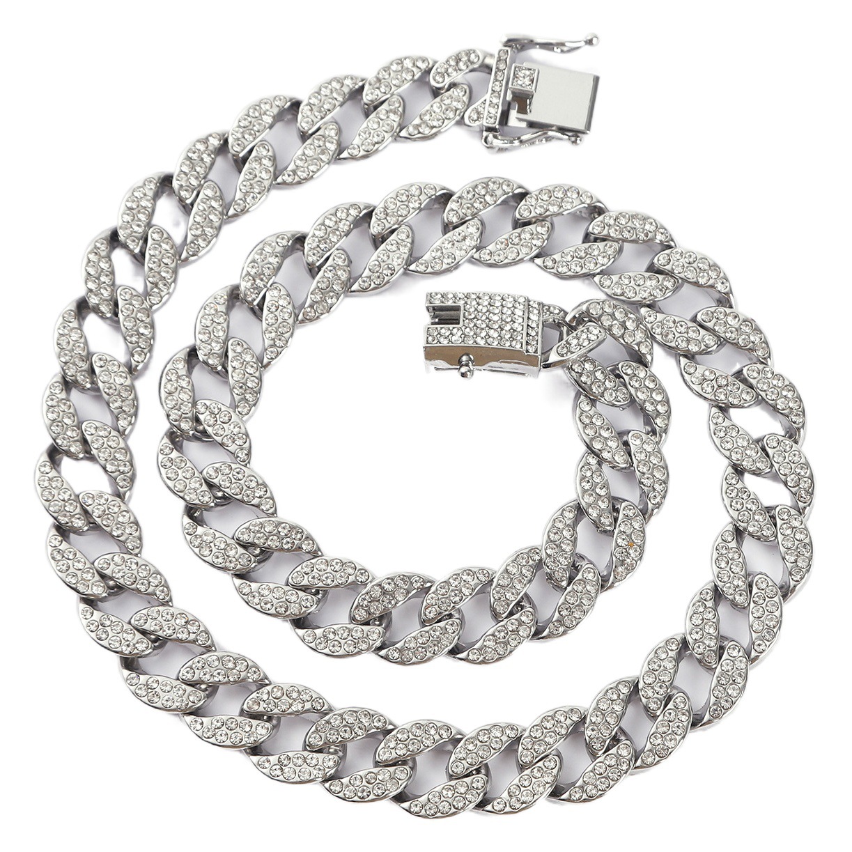 Cadena cubana ovalada extragrande, accesorio de aleación con diamantes completos, diseño ondulado, estilo europeo y americano, joyería unisex de moda, cadena de collar estilo hip-hop.