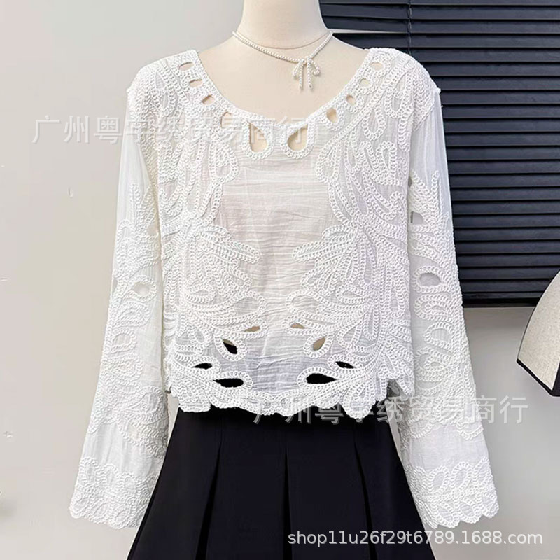 2025 New Korean Style Hollow Crochet Blouse Long-Sleeved Sweet Age-Reducing Fashion Versatile High-End Heavy Lace Women's Clothing 2025 New Korean Style Hollow Crochet Blouse Long-Sleeved Sweet Age-Reducing Fashion Versatile High-End Heavy Lace Women's Clothing