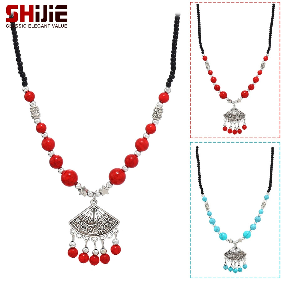 Hanfu Pendant Necklace, Retro Beaded Fan Pendant Accessory — Red or Turquoise, Lightweight 15×3×10 cm
