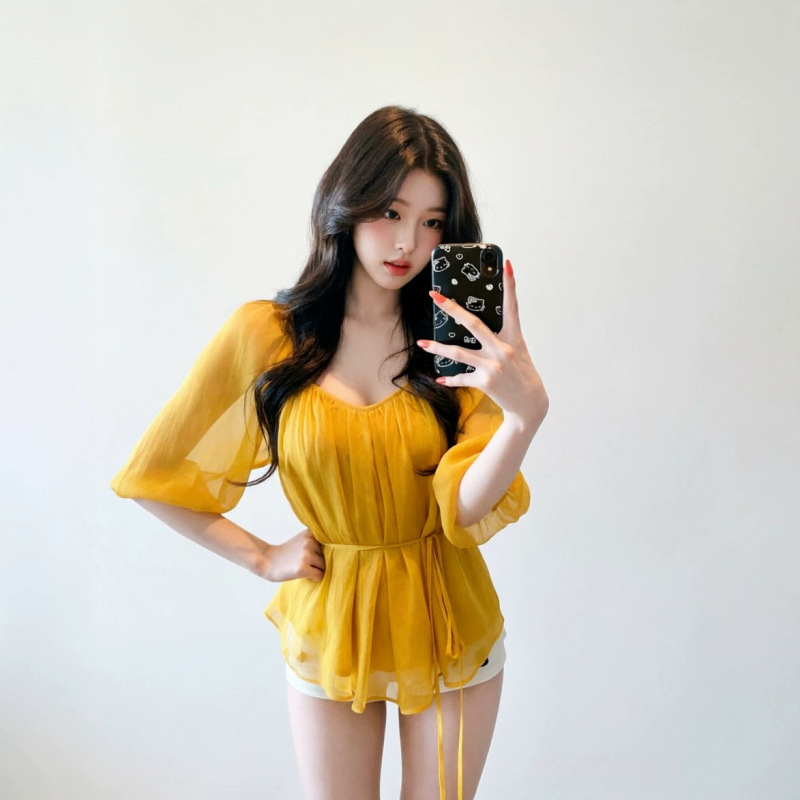 【Fart Shp】Soft Gauze Dreamweaver V-Neck High-Transparency Pleated Tie Chiffon Blouse for Women, Spring and Summer Half-Sleeve Top