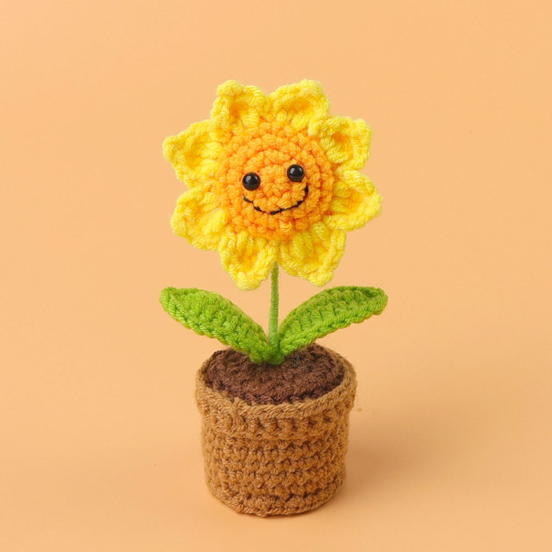 完成品クロスボーダー手作りウールかぎ針編み忘れなしひまわり模擬花鉢植えクリエイティブデスクトップ装飾品車の装飾造花|undefined