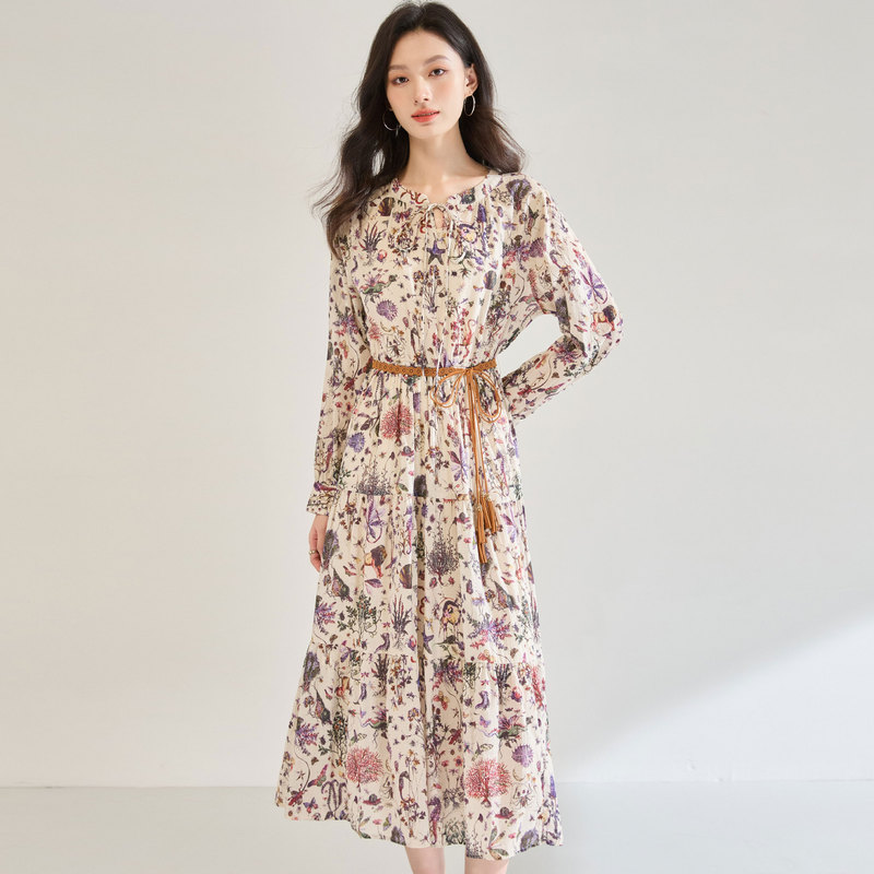 Undersea Garden 100% Cotton Romantic Print Light Luxury High Waist Slimming Floral Dress 25567