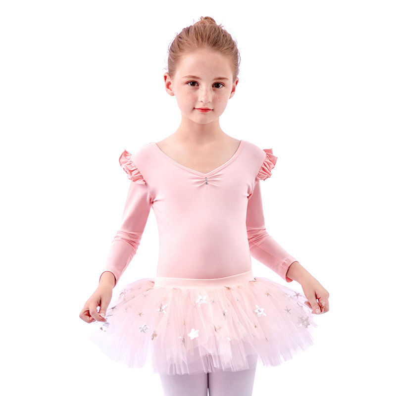 Children's girls pink blue sequins ballet dance dress tutu skirts long sleeved training gymnastics practice leotard tops ballet dancing glitter skirts 