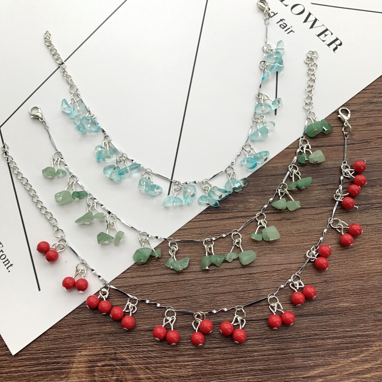 Vintage Natural Aquamarine Dongling Jade Anklet Female Mori Style Elegant Platinum Silver Gravel Anklet Beautiful Accessories