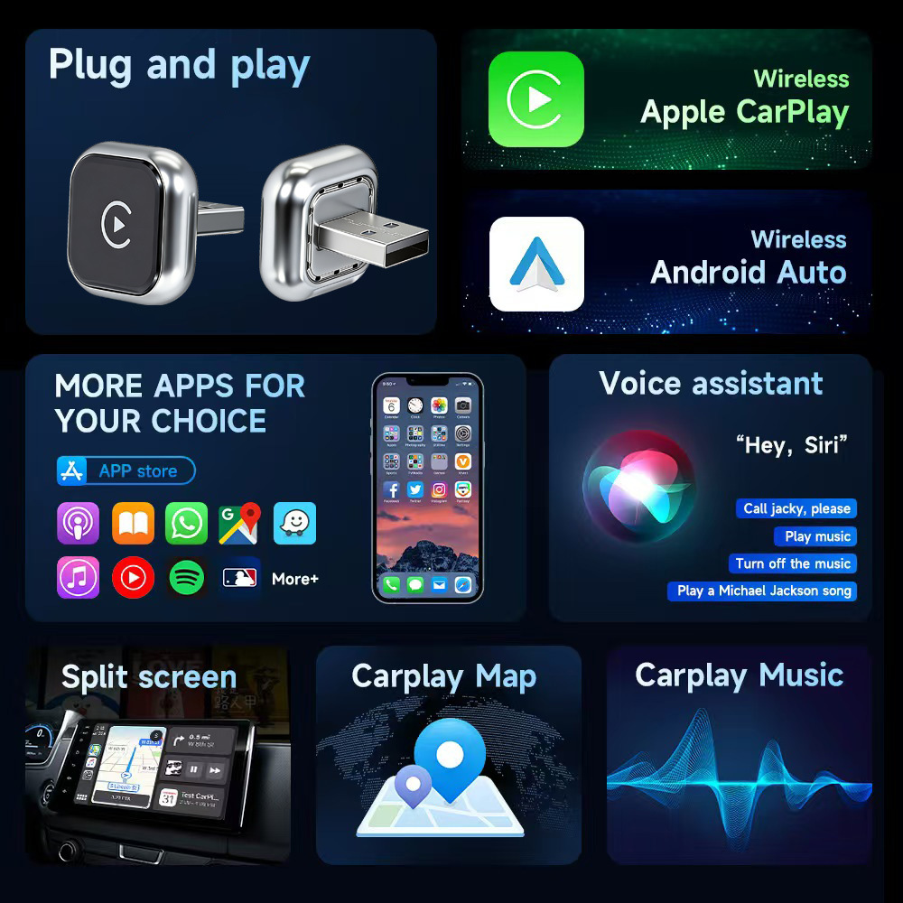 2026 New Cross-Border Wireless Carplay Box Android Auto 2-in-1 Car Wired to Wireless Adapter