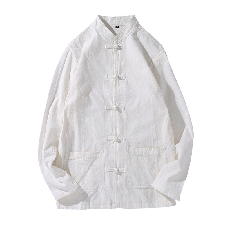 Camisa de traje Tang de manga larga casual de primavera y otoño de estilo chino Camisa de té suelta retro de estilo chino Túnica de túnica de color sólido para hombre