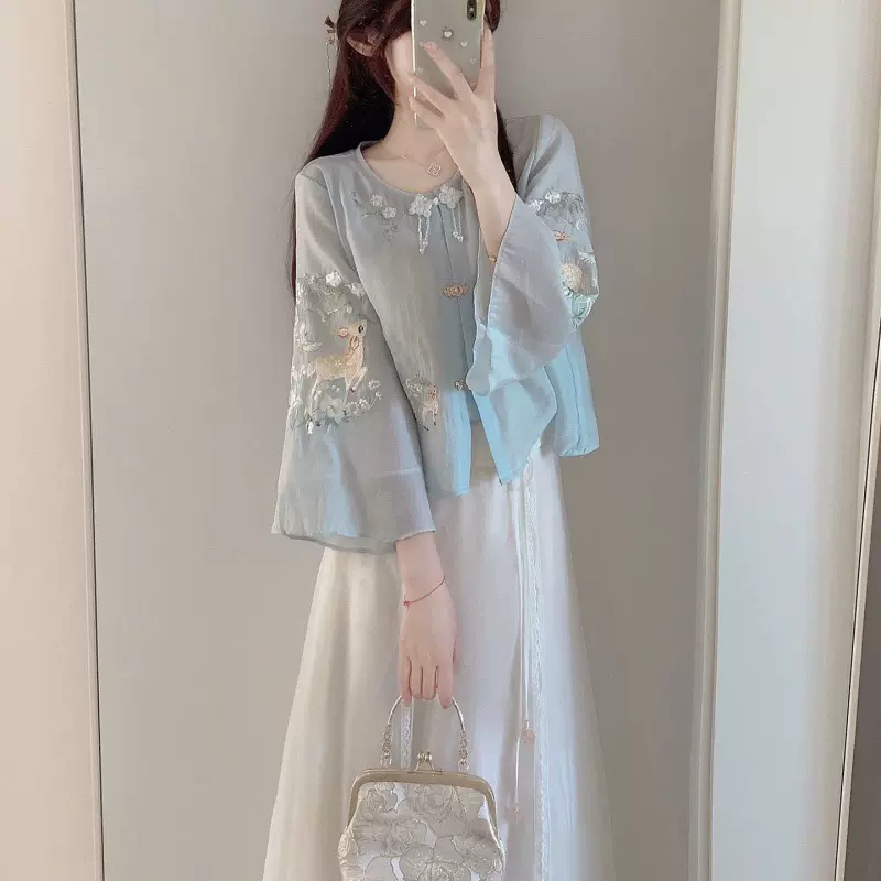 温柔风气质刺绣汉服上衣套装秋季国风改良新中式旗袍连衣裙两件套