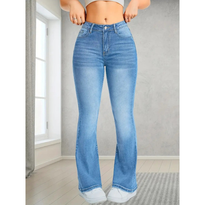 跨境JEANS修身欧美时尚长裤喇叭裤显瘦浅蓝弹力女低腰牛仔裤25独|undefined