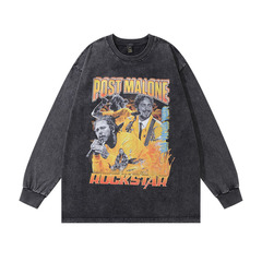 TKPA American retro high street long-sleeved T-shirt men's ins high street trendy brand heavy pure cotton washing round collar base top