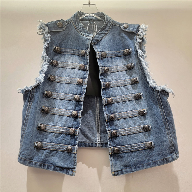 Palacio estilo de diseño chaleco de vaqueros mujer 2026 verano corto versátil sin mangas alta tendencia de chaqueta de vaqueros industria pesada