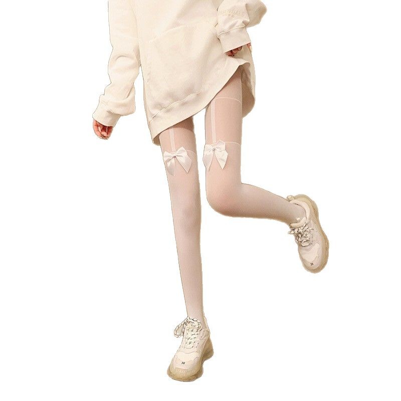 蝶ネクタイ白ストッキング JK 膝上スプライシング白パンスト女性ロリータロリータソックス黒シルク底ソックス|undefined