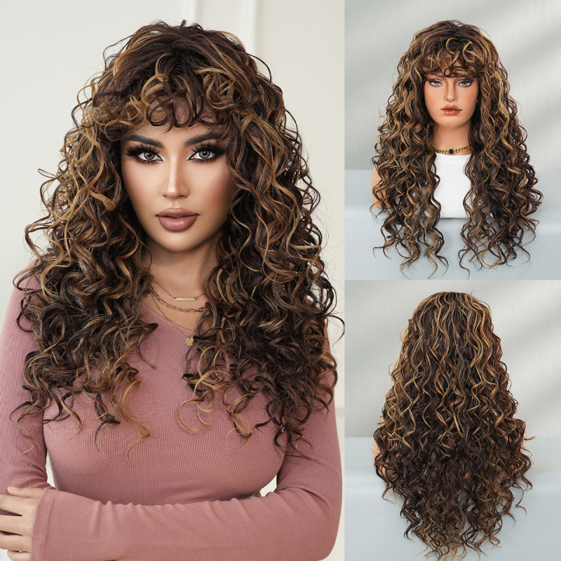 新しいホットガールアジアンハニーゴールドカーリーヘア黒人スプリングカーリーロングヘア前髪付き化学繊維機械製ウィッグ|undefined