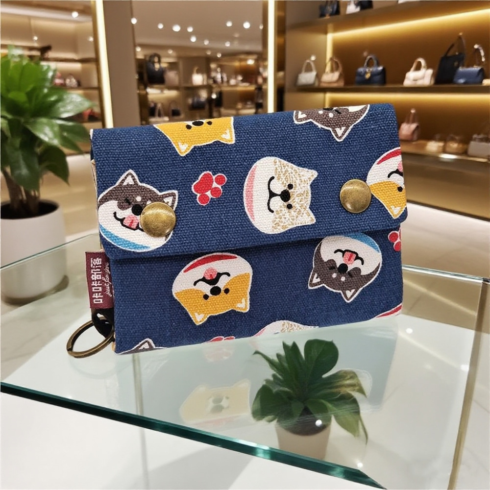 Cartera de lona de mezclilla triple con estampado de dibujos animados creativo, simple para hombres y mujeres, estuche para tarjetas de lona, estuche para llaves