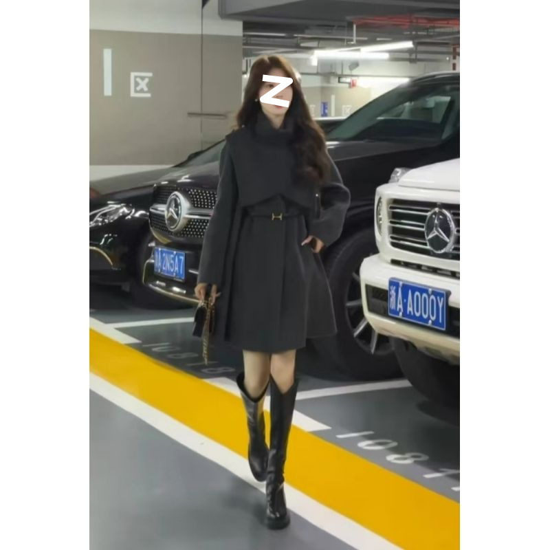 韩系气质名媛感披肩斗篷宽松保暖毛呢外套秋冬新款两件套装女|undefined