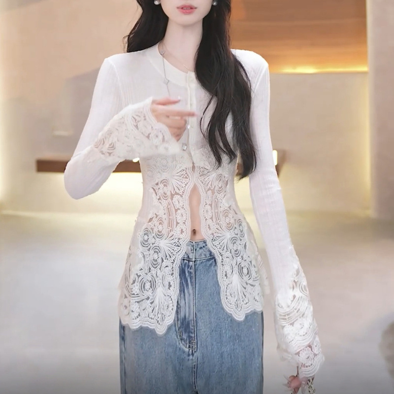 French-Style Light Luxury Heavy Embroidery Design Lace Splicing Long-Sleeve Wool Knit Sweater Base Layer