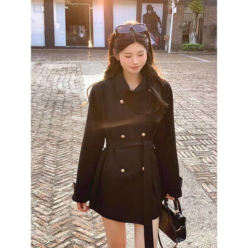 法式气质名媛风围脖设计黑色风衣外套女秋季高级感宽松英伦风大衣|undefined