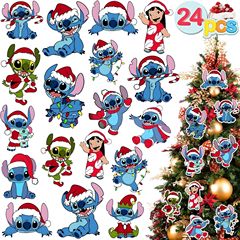 24ピース木制クリスマスツリー装饰ブルースティッチ漫画セットペンダントクリスマスパーティー装饰付け看板