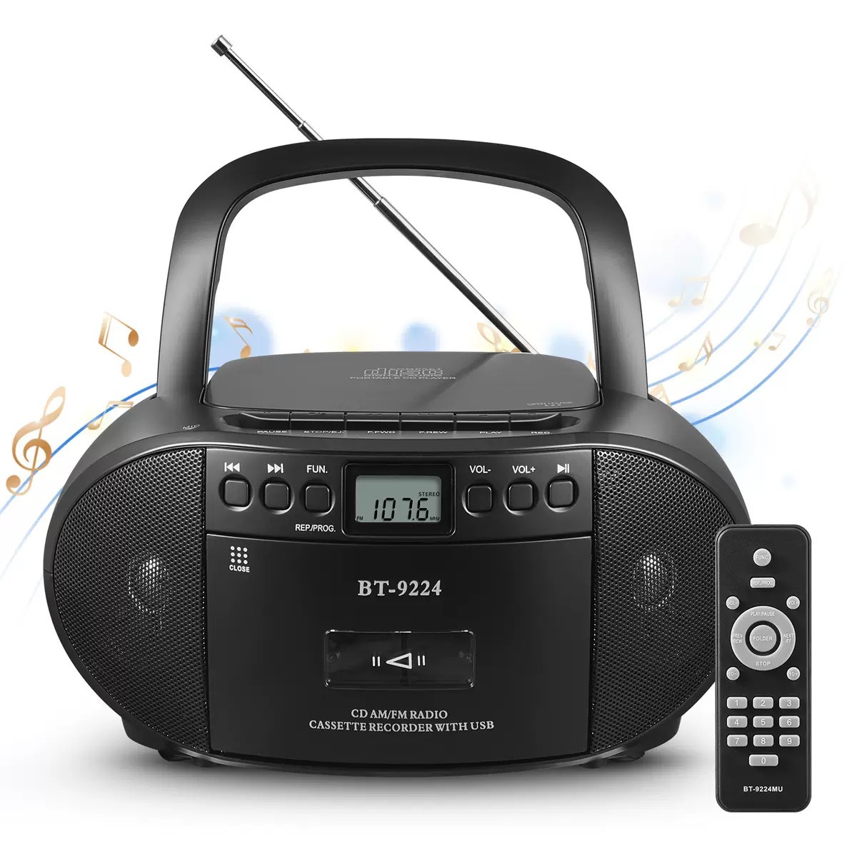 Transfrontalier stéréo portable Bluetooth CD lecteur de bande Boombox avec cassette, AM/FM