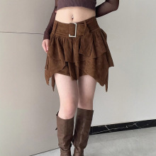 日系复古风辣妹多层拼接不规则半身裙高腰金属扣腰带潮流时尚短裙