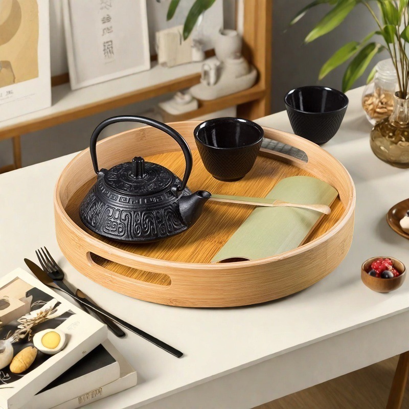 日式圆形竹木盘环保杯垫收纳盘家用茶盘点心盘方圆实用竹木盘