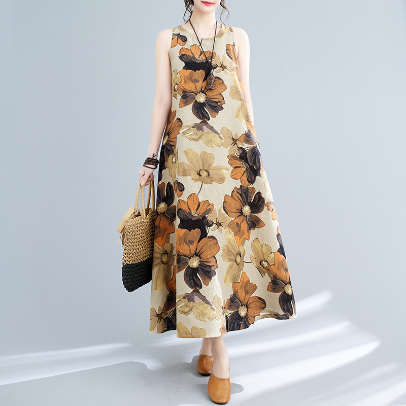 Vestido midi estampado sem mangas com gola redonda, estilo boêmio, plus size, para o verão de 2024._voghion.com